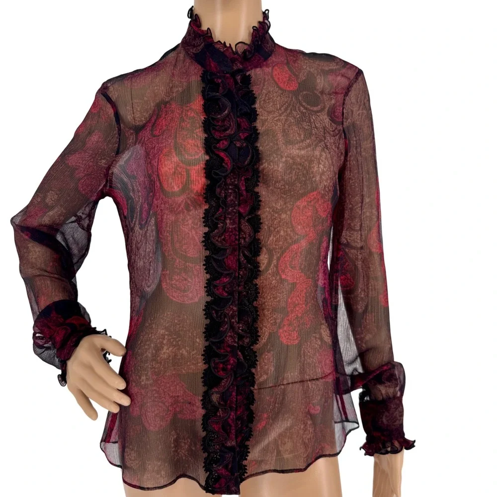 Tahari Women's Sz M Silk Sheer Ruffle Blouse Burgundy Black Victorian Gothic - Picture 2 of 16